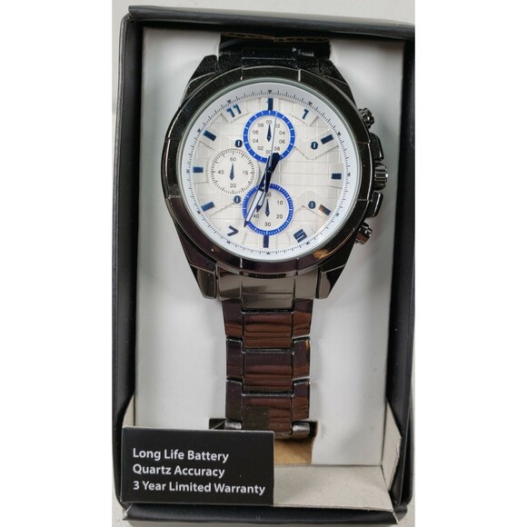 Men's Faux Eye Analog White & Blue Face Watch Quartz Accuracy Sliver Band New - Picture 1 of 5